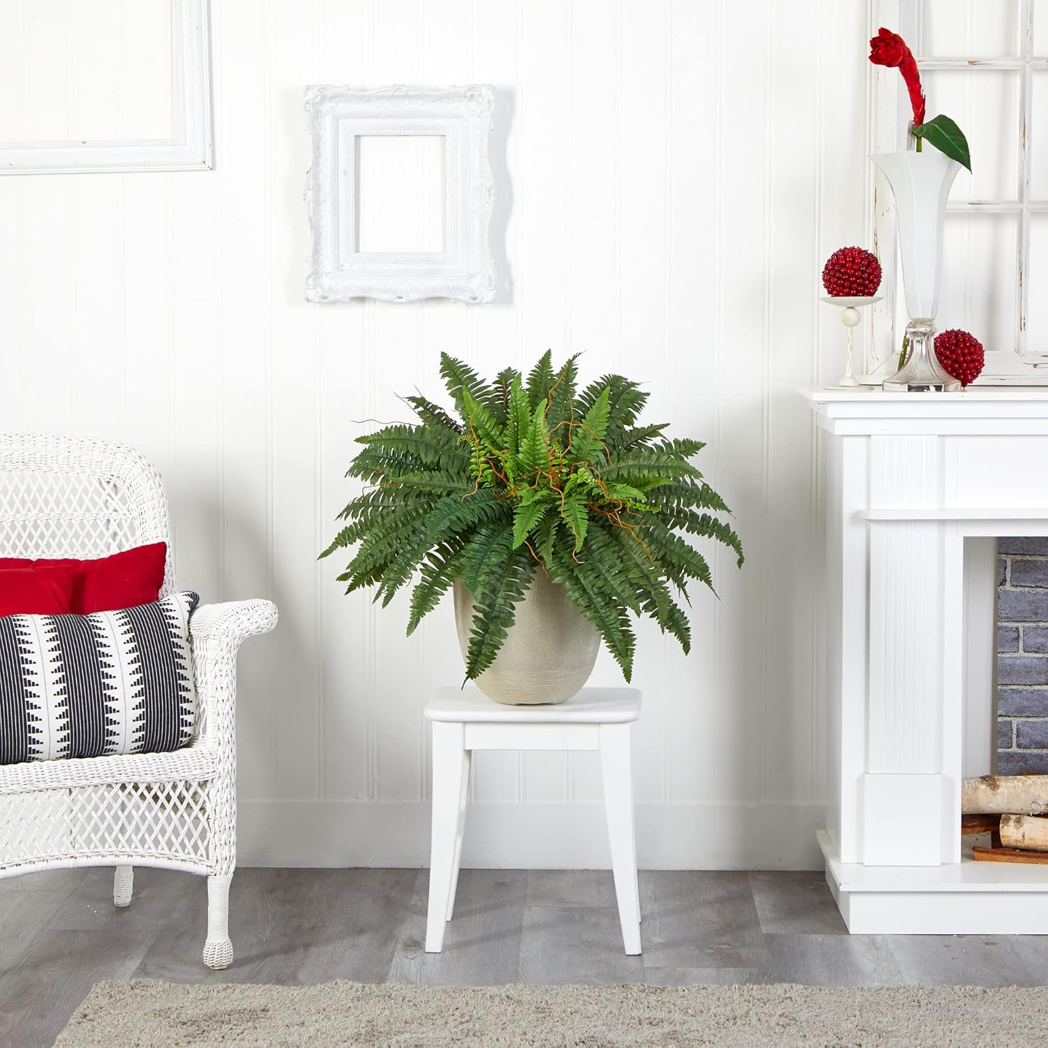 22In Artificial Boston Fern Plant in Sandstone Planter – Realistic Fake Greenery