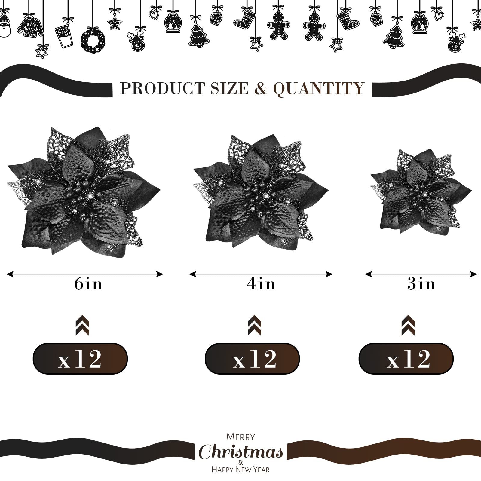 Black Christmas Poinsettia 36pcs Glitter Faux Flowers Xmas Tree Ornaments