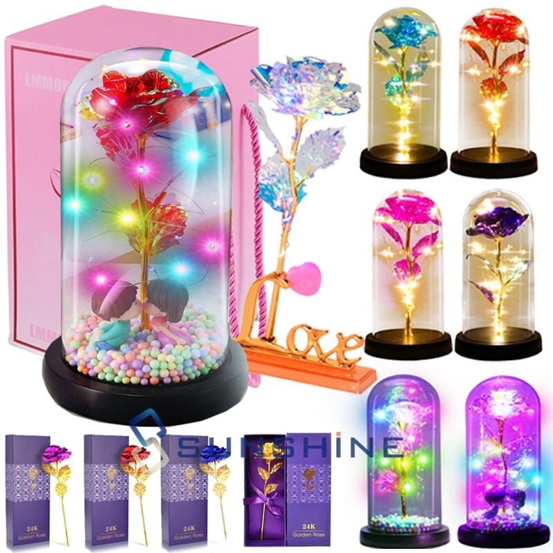 Romantic Eternal Rose Flower In Dome Glass LED Night Light Anniversaries Xmas