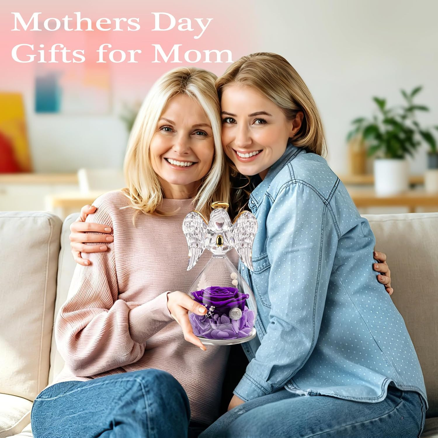 Preserved Flower Rose Birthday Gifts for Mom, Angel Figurines with Forever Real