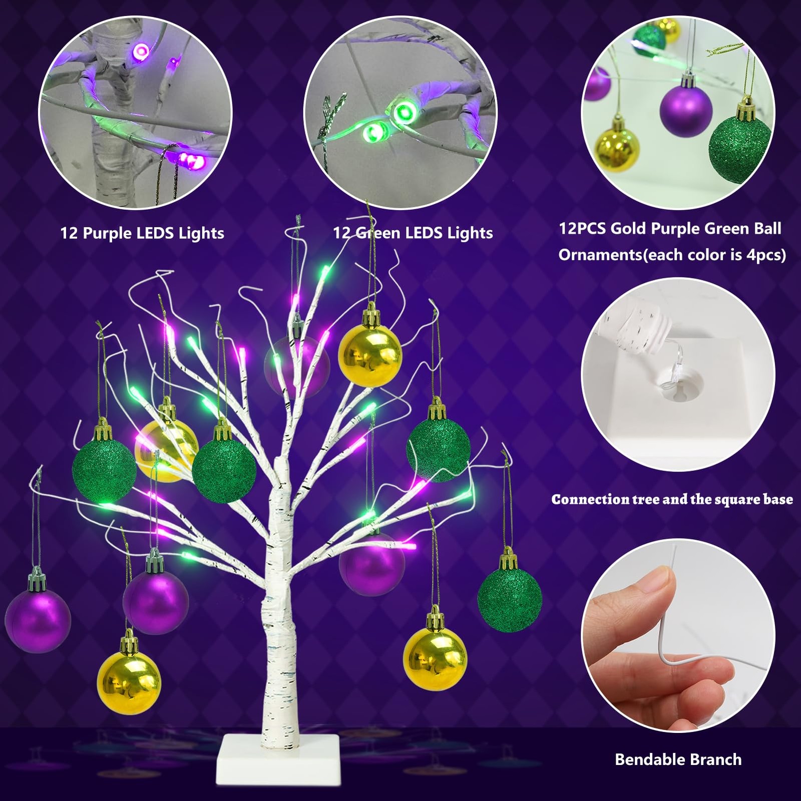 [Timer] 24” Mardi Gras Lighted Tabletop Birch Tree with 12pcs Ball Ornaments…