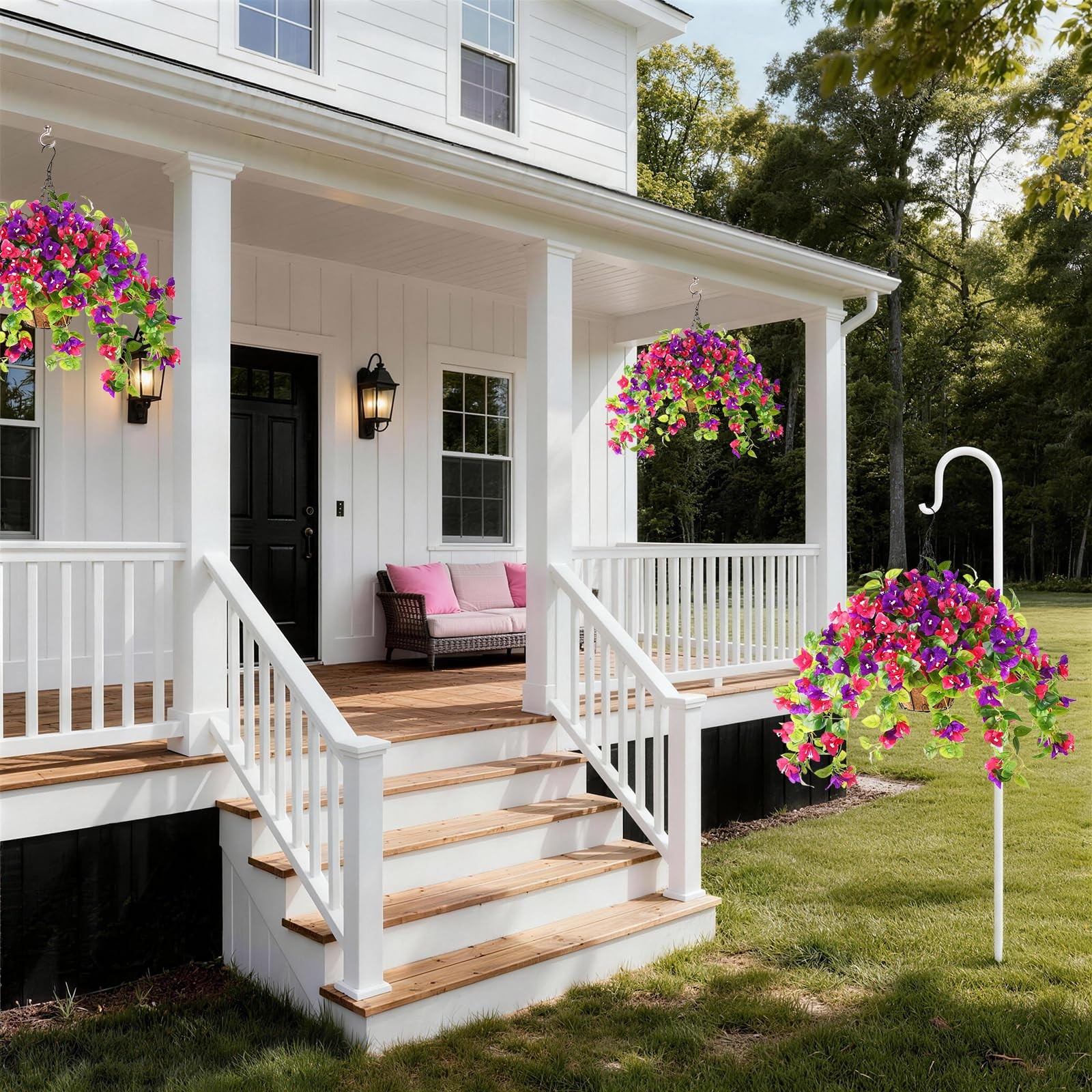 Homsunny Artificial Fake Hanging Flowers Plants Basket for Outdoor Decoration
