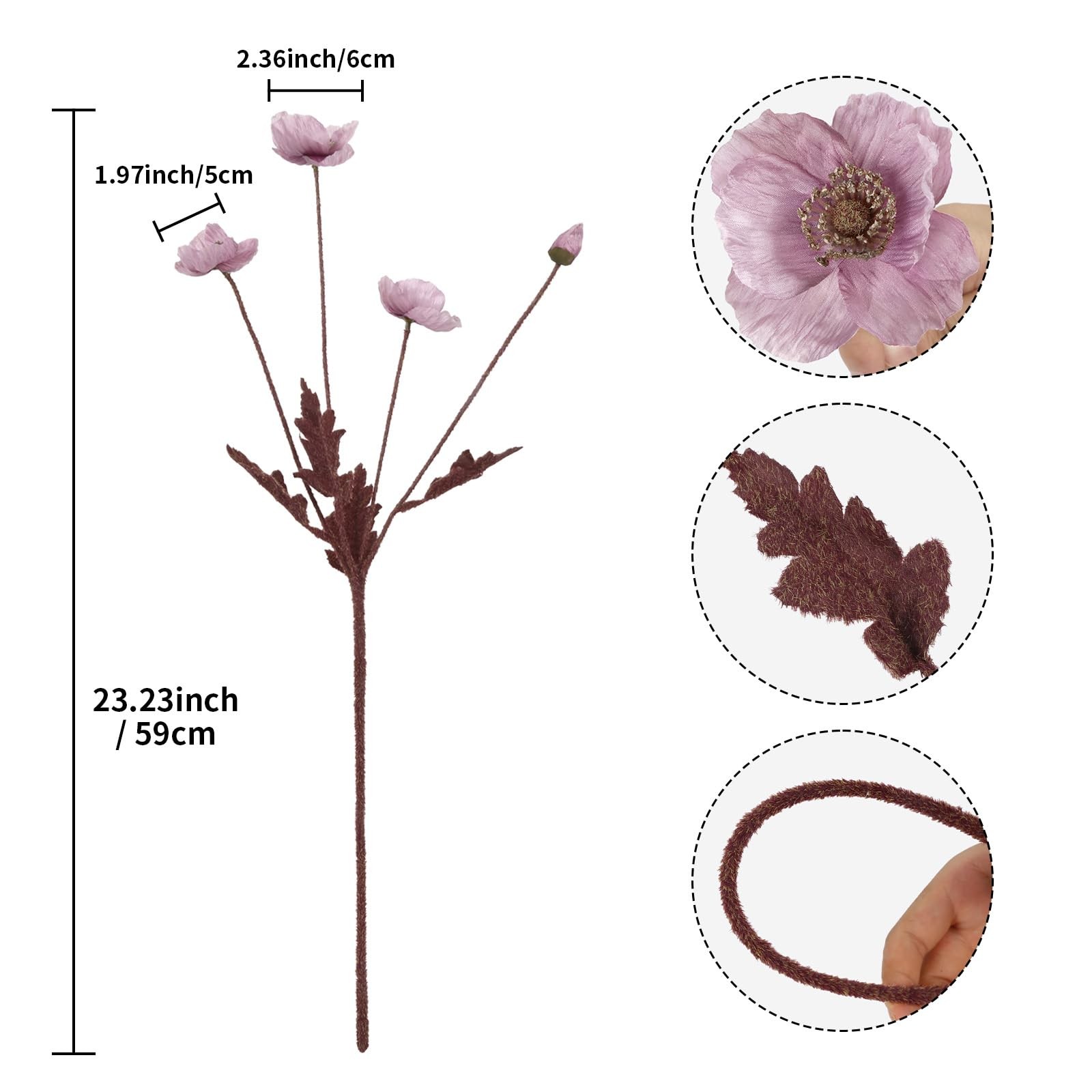 Pink Poppy Flowers Artificial 8pcs Silk Poppies Flowers with Stems Silk Flowe…