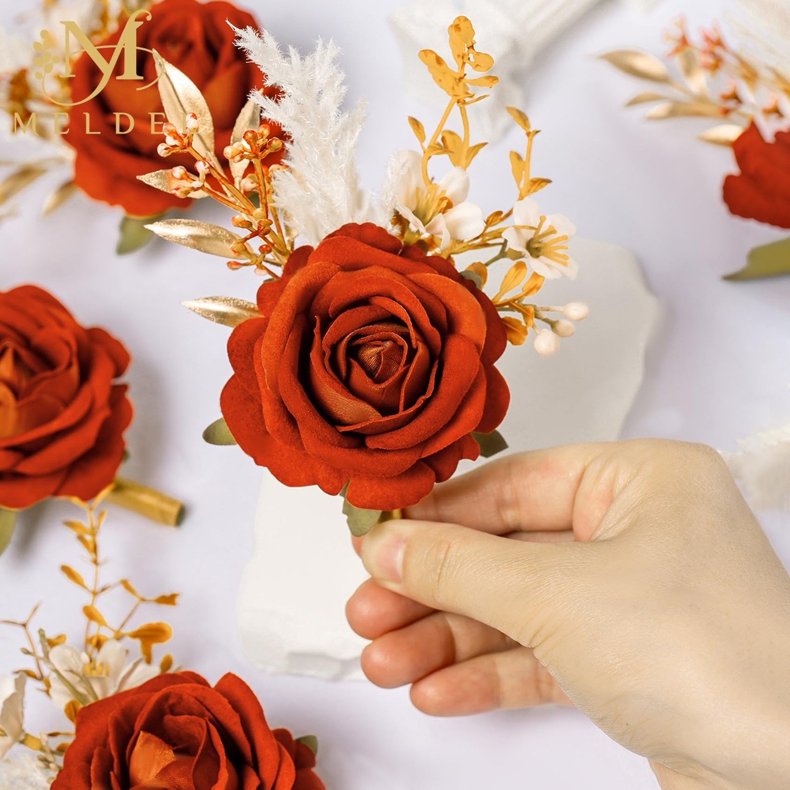 Burnt Orange Wrist Corsage and Boutonniere Set, Flower On Wrist for Bride Bri…