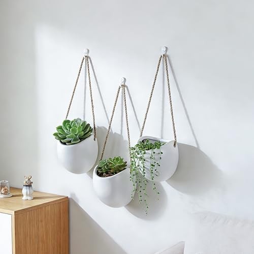 Ceramic Wall Planters with Hooks, Set of 3 Hanging Pocket Standard White
