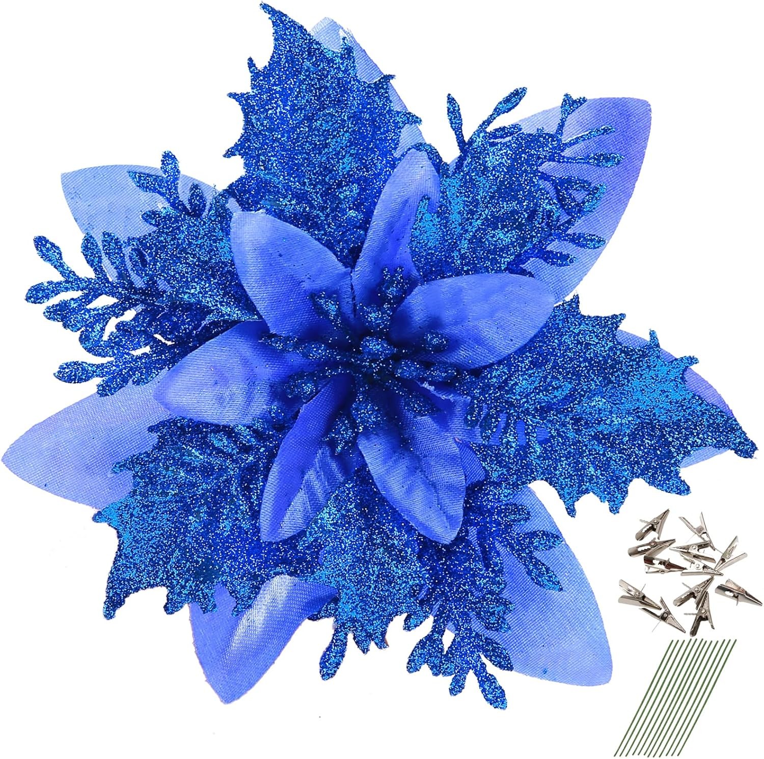 12 Pcs Glitter Poinsettia 5.5″ Artificial Flowers Christmas with Clips Stems …