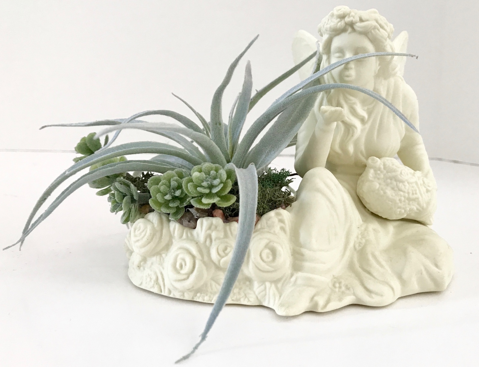 Decorative Ceramic White Seated Angel with Flower Basket Green Grass Succulent