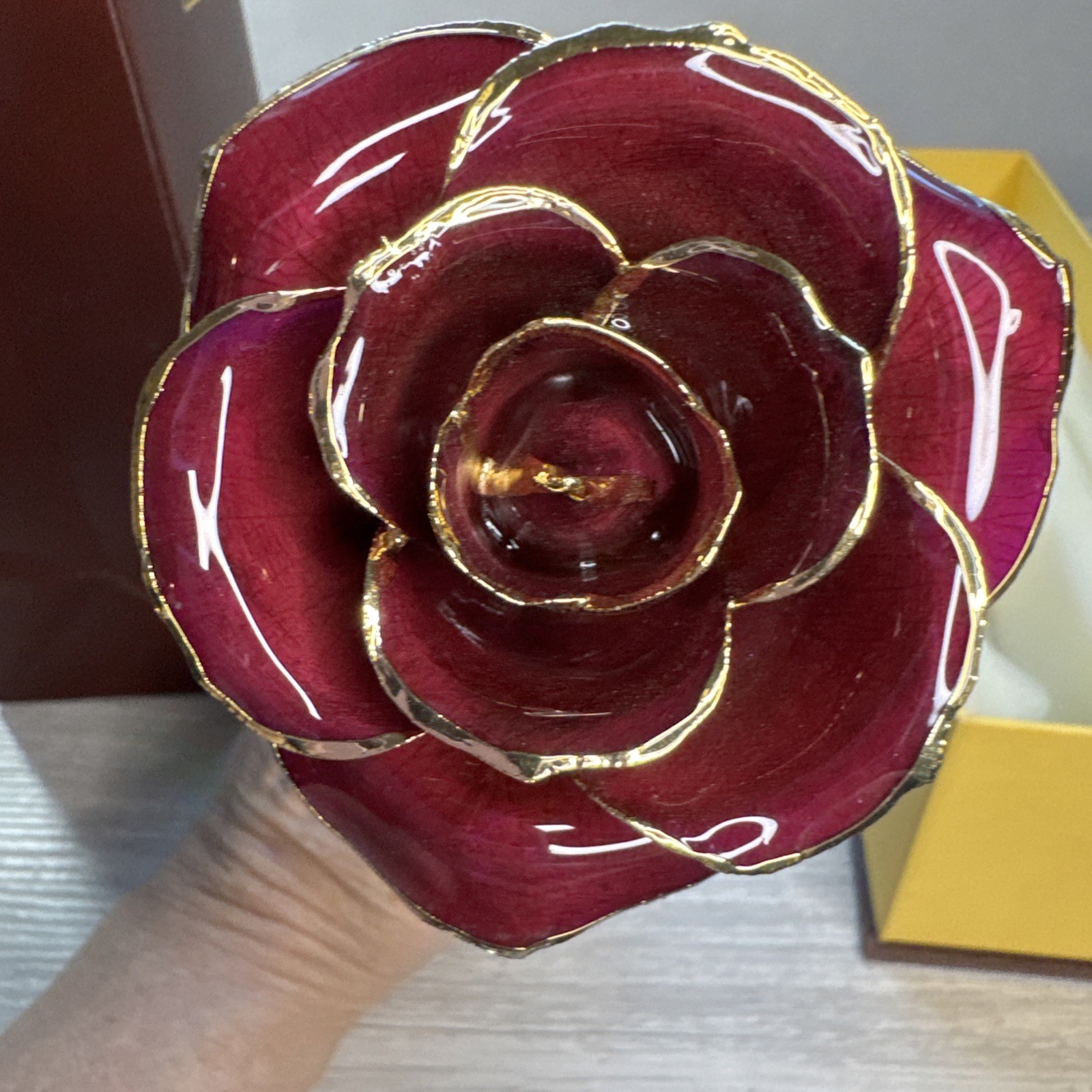 Beautiful Red Jewlers 24Kt Gold Dipped Real Rose Dark Pink/ Purple Box Bag Sta