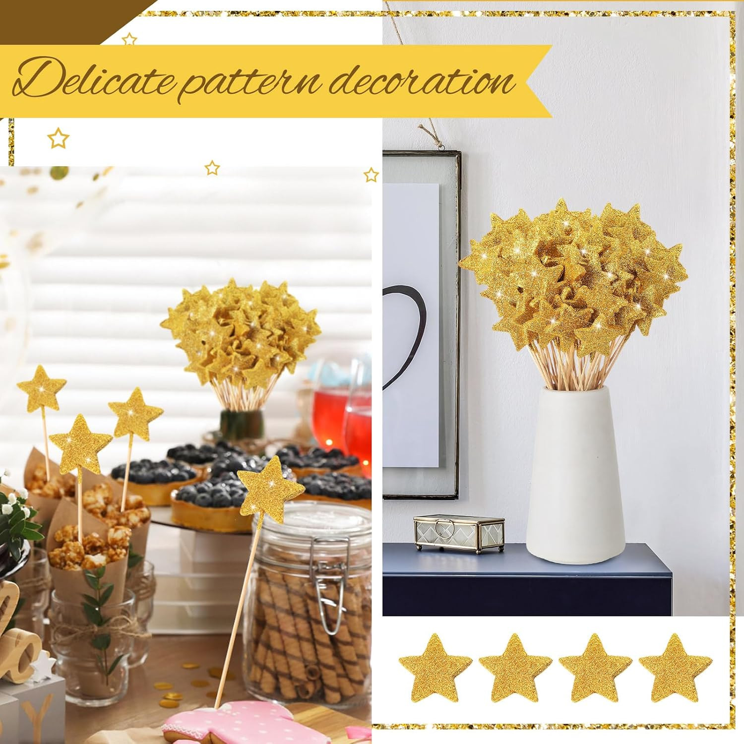 60 Pcs Star Floral Pick 8” Star Centerpiece Table Decor Gold Graduation Glitte