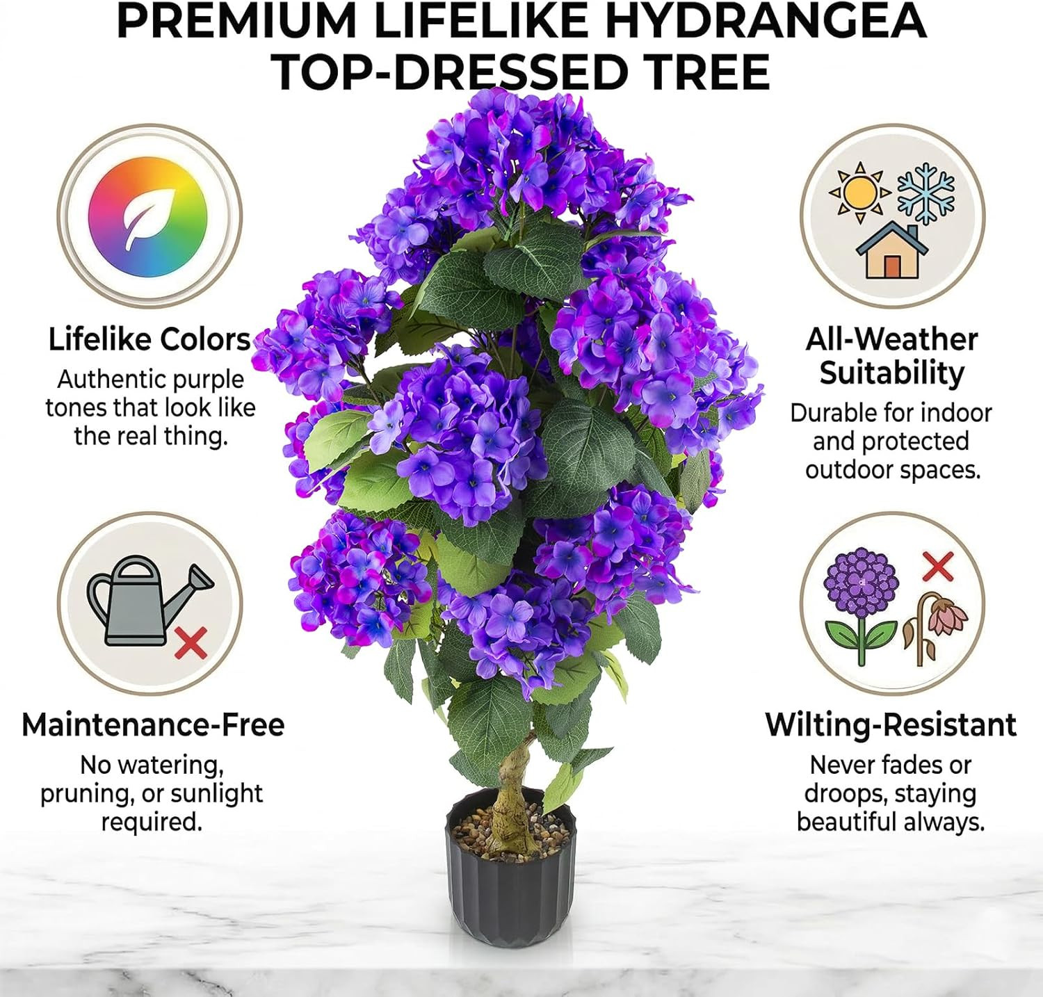 2 Pcs 3 Ft Artificial Hydrangea Trees Potted, UV Resistant Faux Silk Hydrangea P