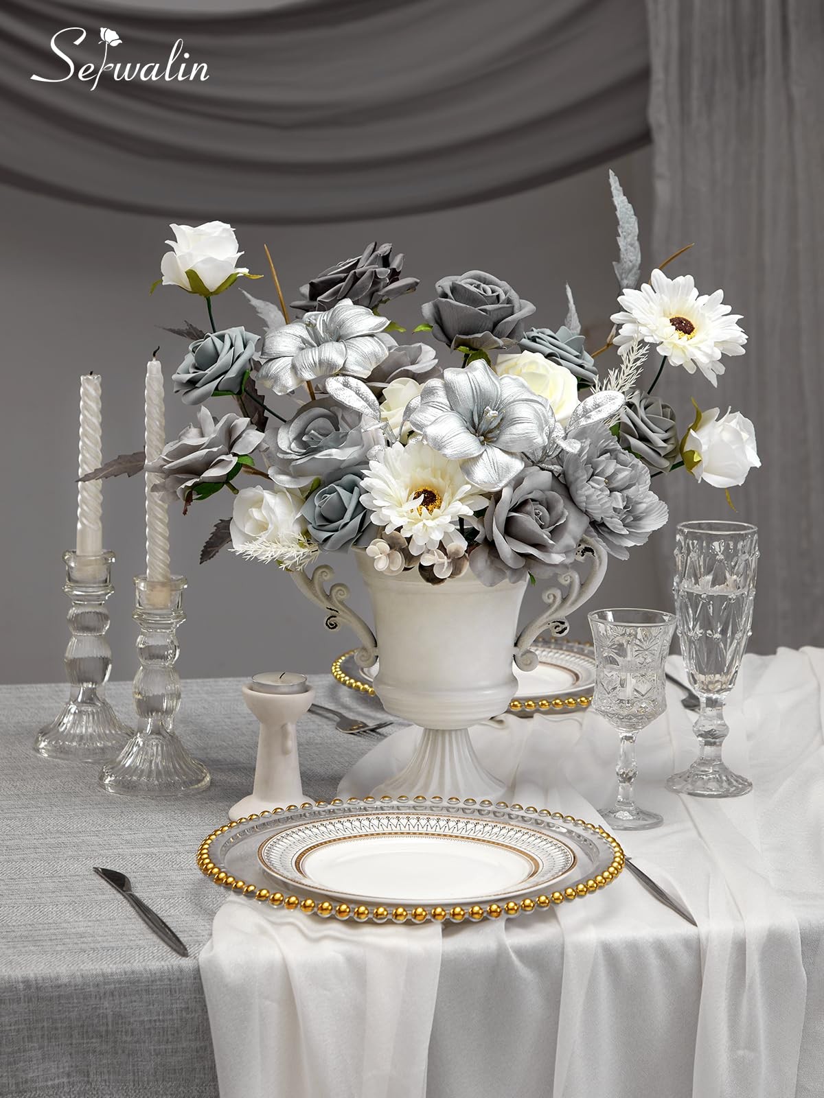Artificial Flower Silver Grey Roses White Fake Cake Box Set Wedding Decor