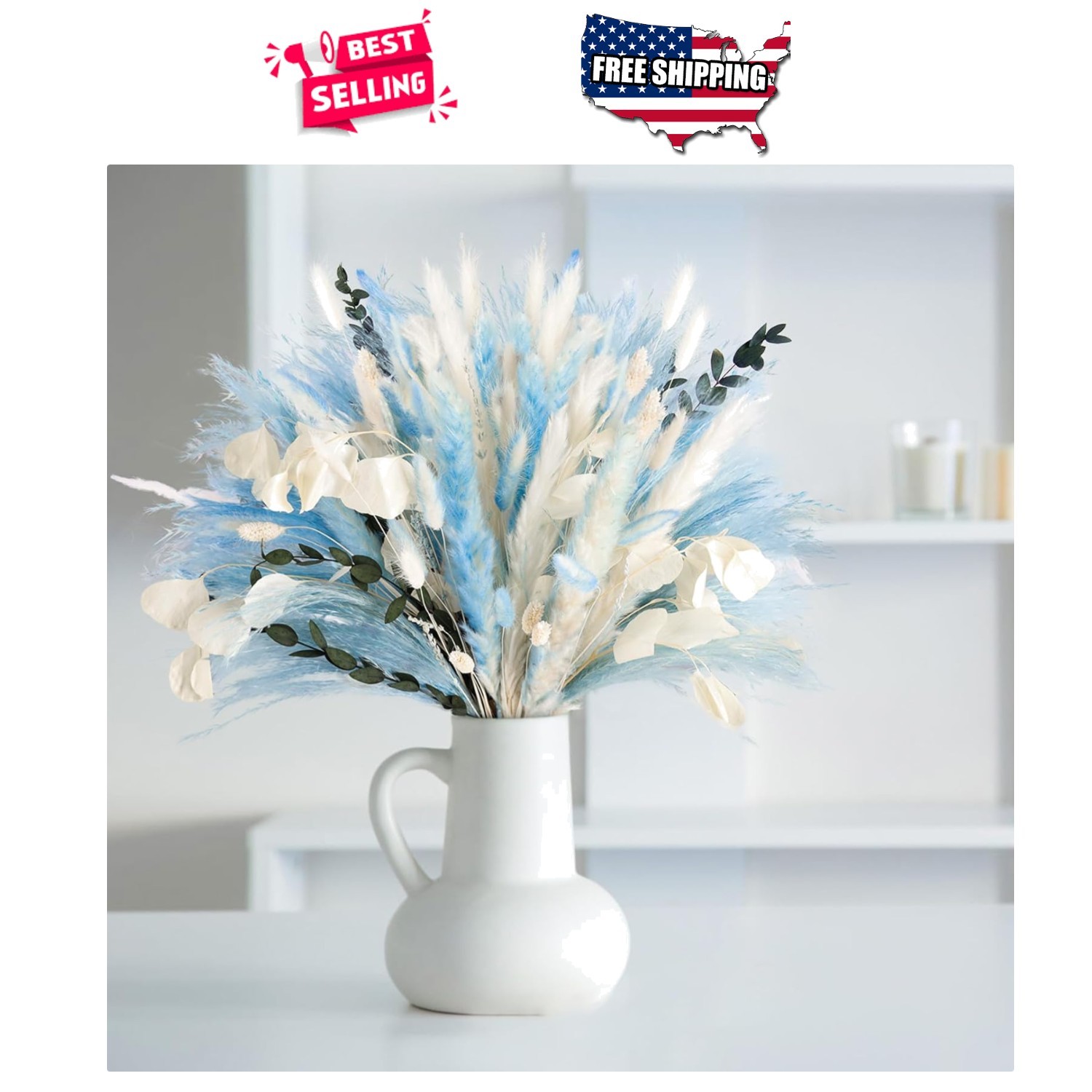 Pampas Grass Decor 101pcs Blue Dried Flowers Boho Indoor Wedding Beach Theme DIY