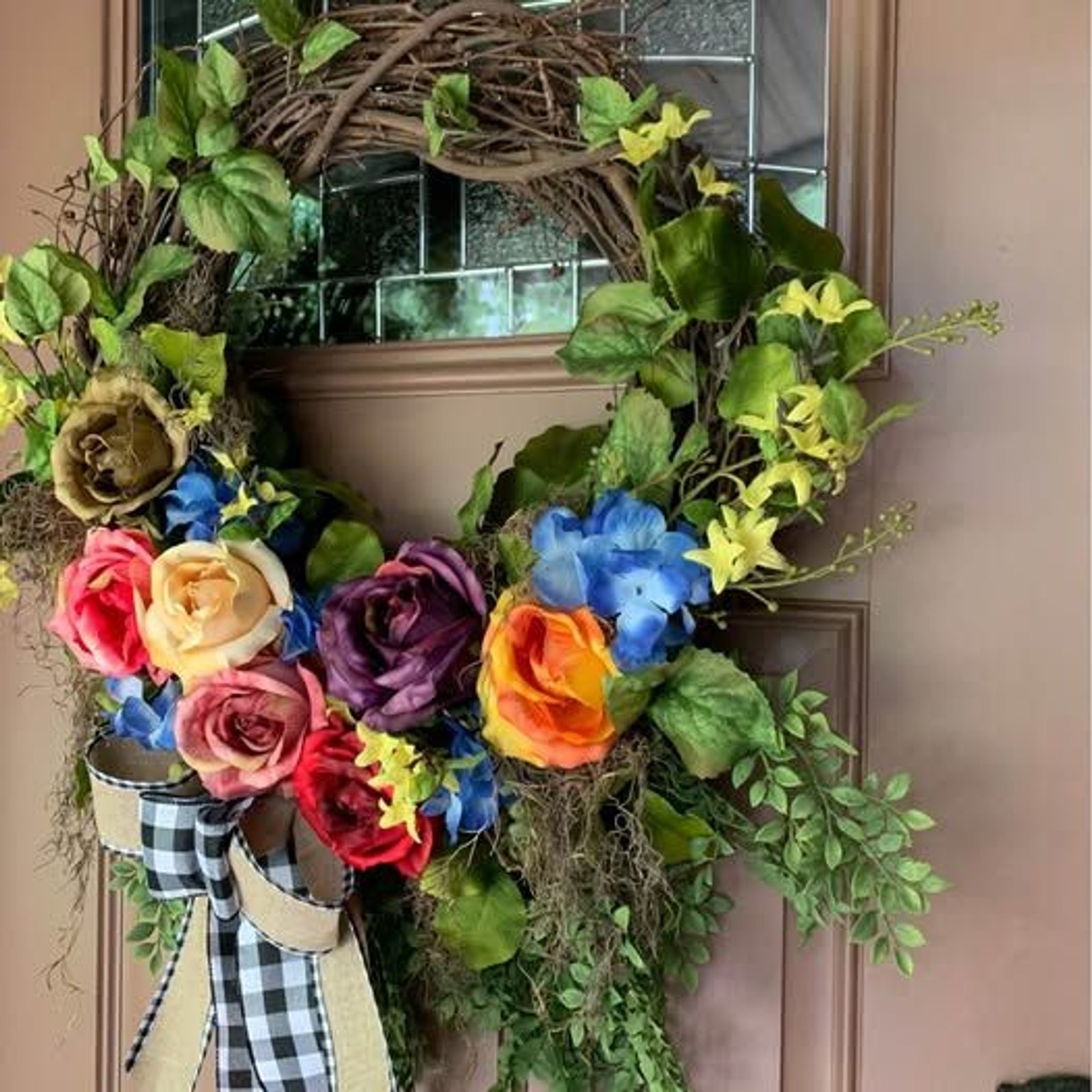 Floral Summer Roses Wreath for Spring Summer with Buffalo Check Bow 26 inch