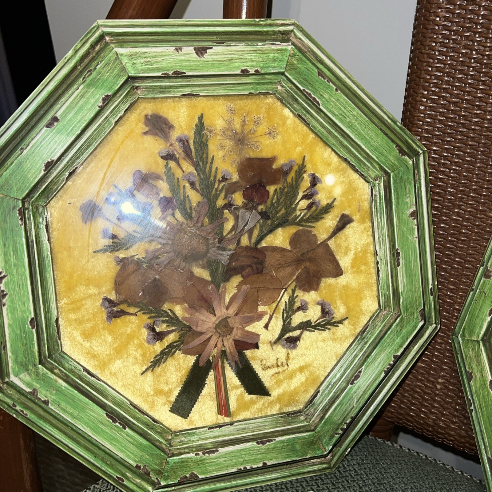 Set of 3 Beautiful Octagon Shaped Vintage Dried Flowers On Velvet Backing