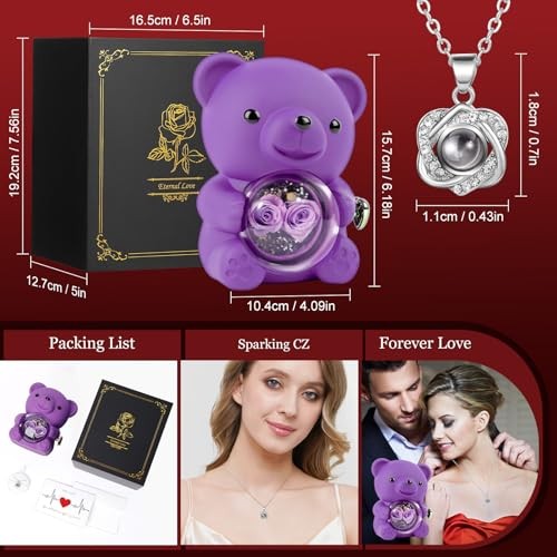 Romantic Rose Bear Teddy with Preserved Rose, Rose Bear Gift Box Set Purple