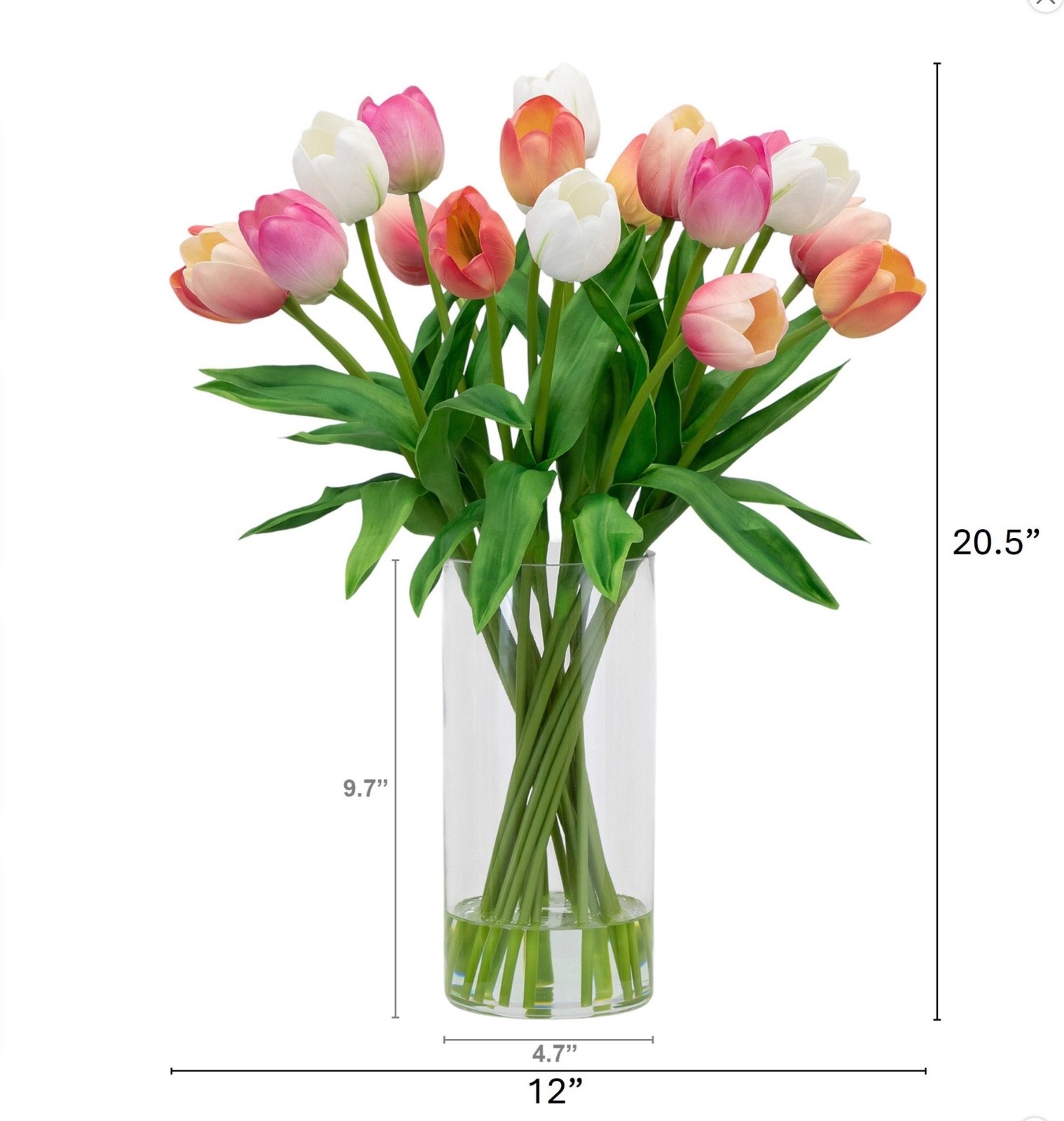 Faux 20″ Tulip Arrangement Lifelike Glass Vase Water Illusion Real Touch Petals