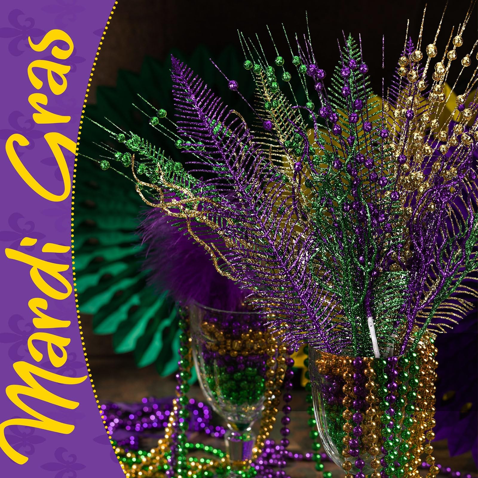 18 Pcs Mardi Gras Glitter Tree Picks Purple Gold Green Centerpiece Table Deco…