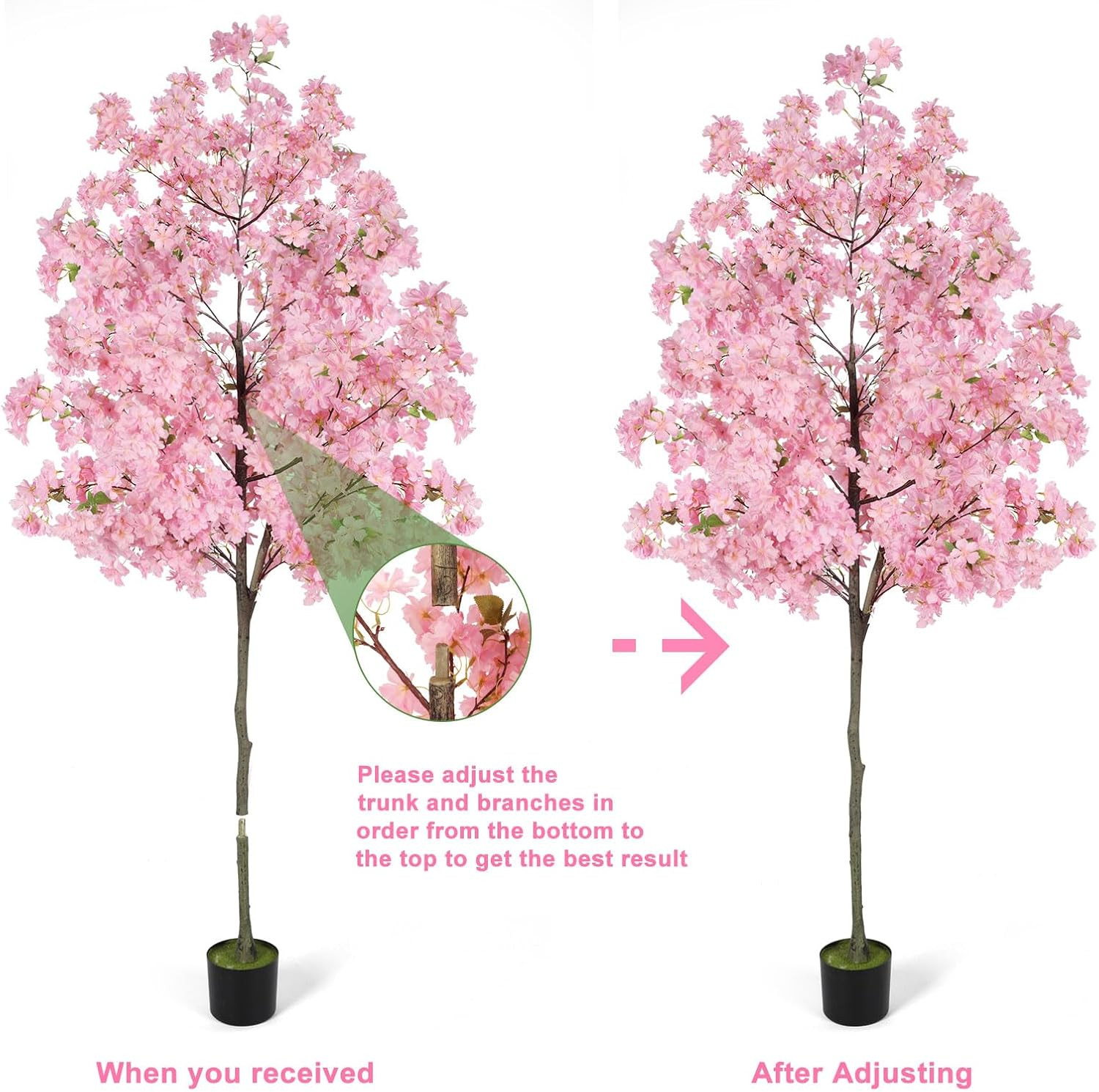 6Ft Tall Cherry Blossom Artificial Tree, Fake Tree Faux Silk Plant with Plastic