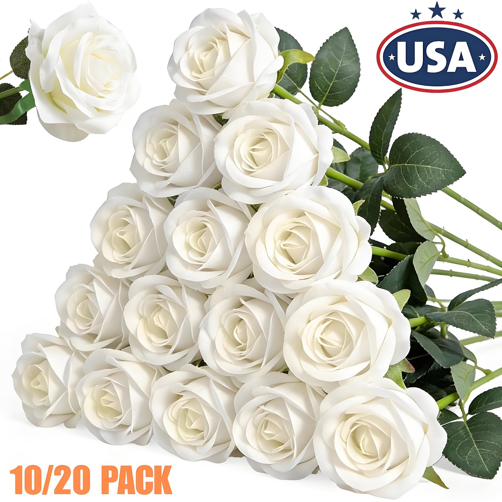 20× Artificial Roses Flower White Silk with Single Stems Real Touch Gifts