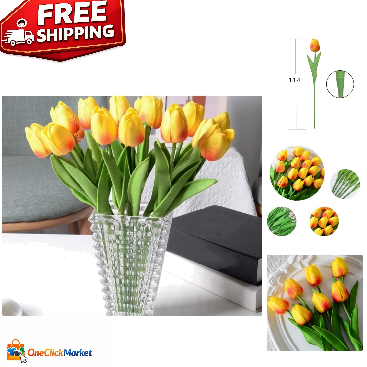 Vibrant Orange Artificial Tulips – 10 Realistic PU Flower Bouquets for Events