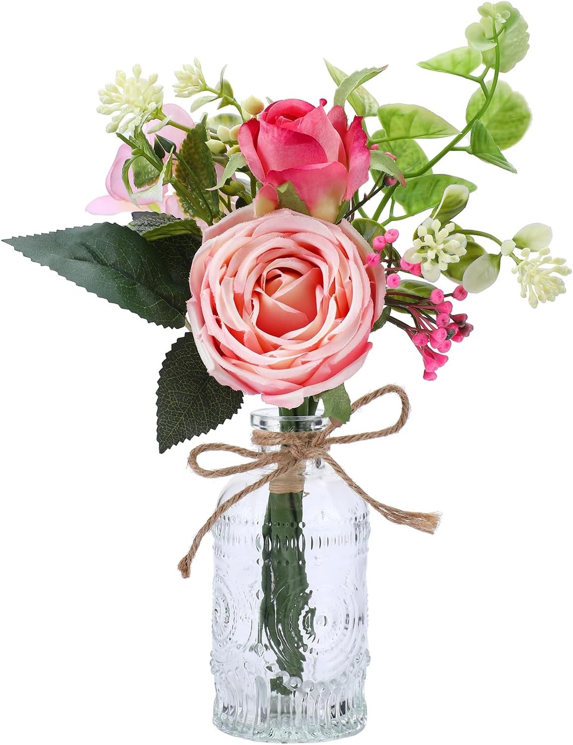 Flowers Bouquet in Small Vase – Pink Rose Artificial Fake Centerpiece Potted