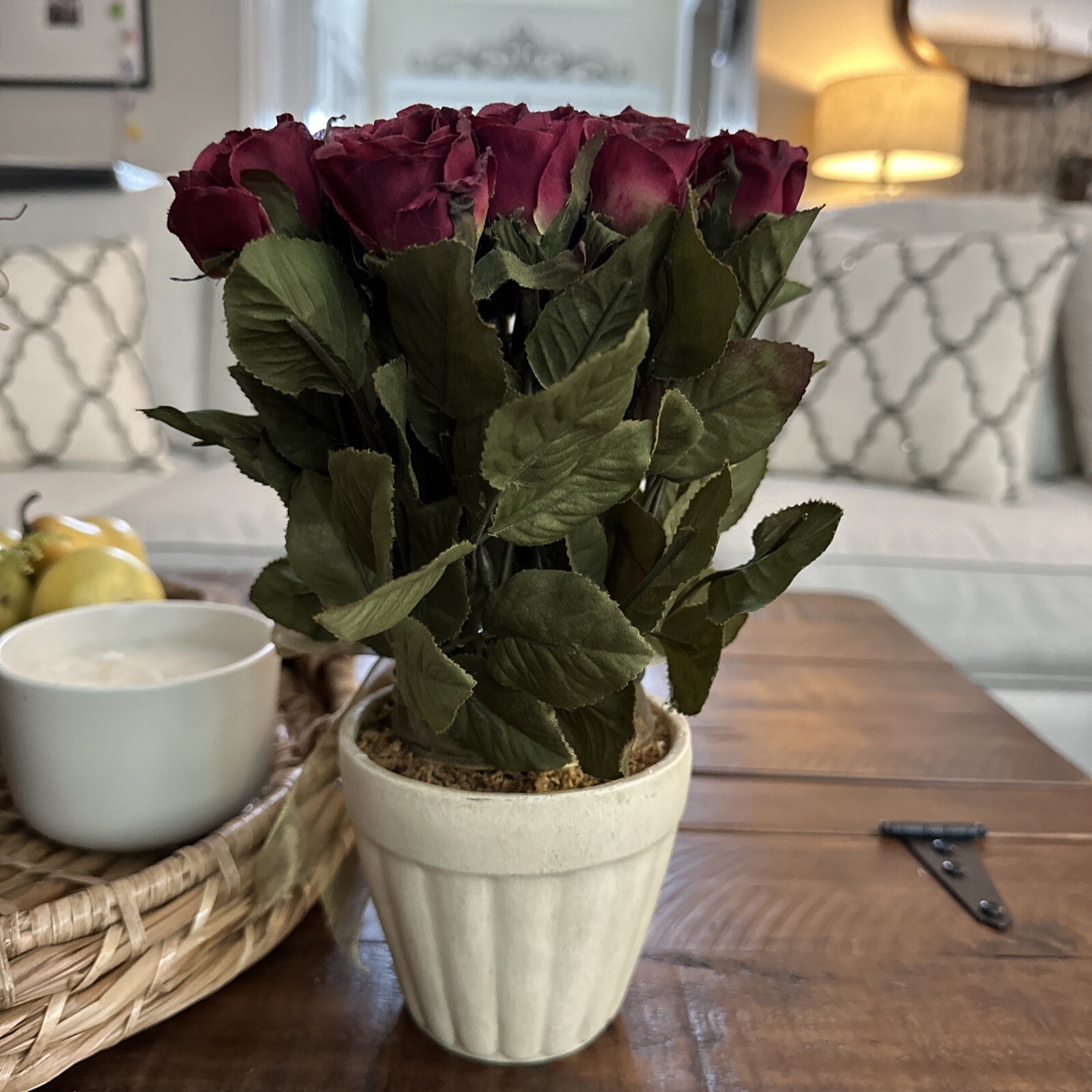 ARTIFICIAL 21 SILK RED ROSE BUDS TIED WITH A BOW IN BEIGE POT