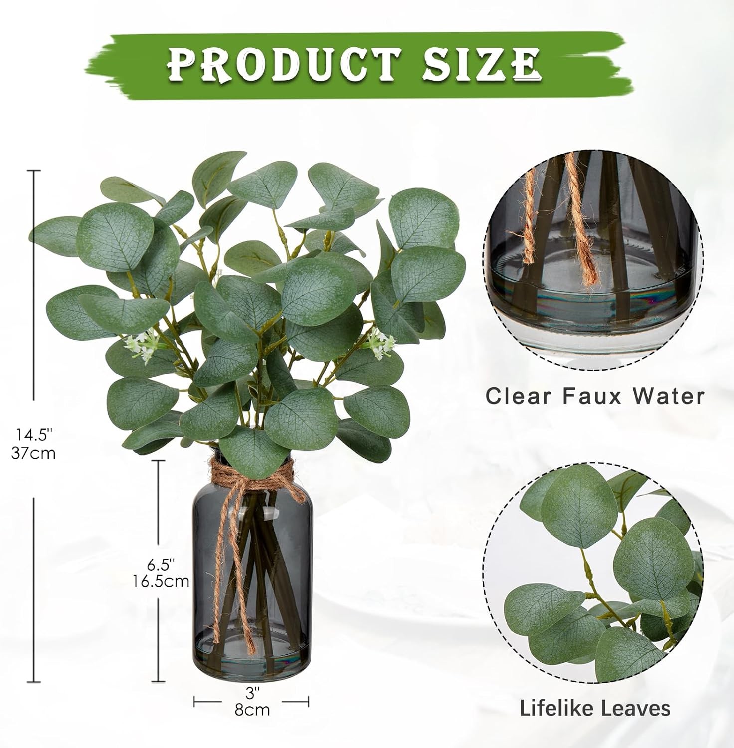 Artificial Eucalyptus Stems in Black Glass Vase with Faux Water