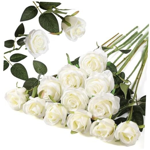 12PCS Artificial Silk Flowers Realistic Roses Bouquet 6 Flowers 6 Buds White