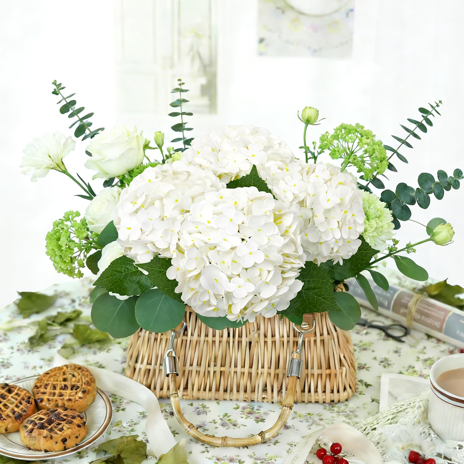 4 PCS Real Touch White Hydrangea Artificial Flowers 20.5 Inch Faux Bouquet Set