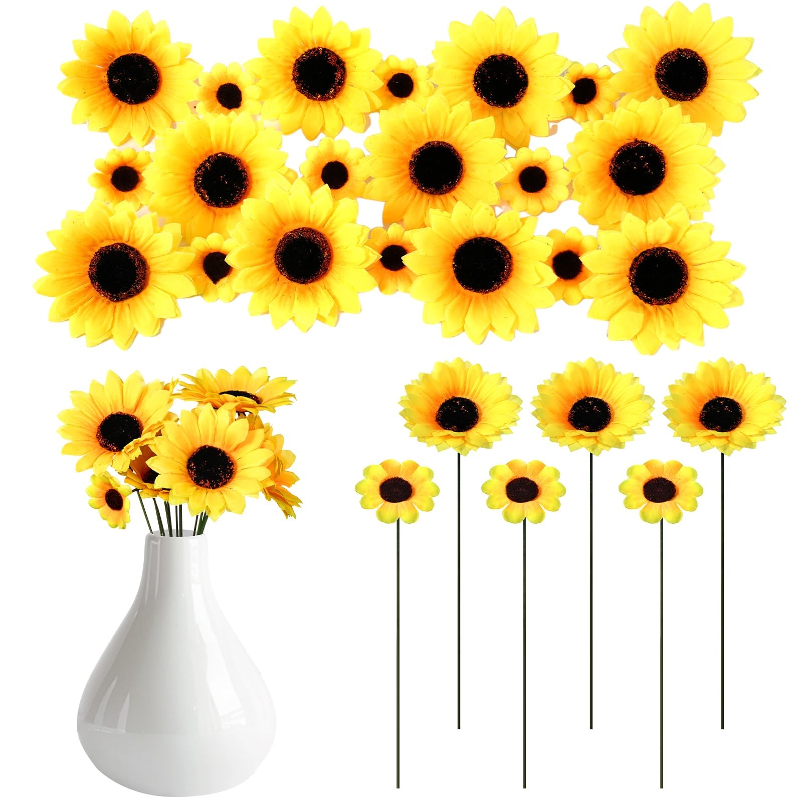 50pcs Artificial Sunflower Heads with 5.9in Iron Stems for Wreath Table Garde…