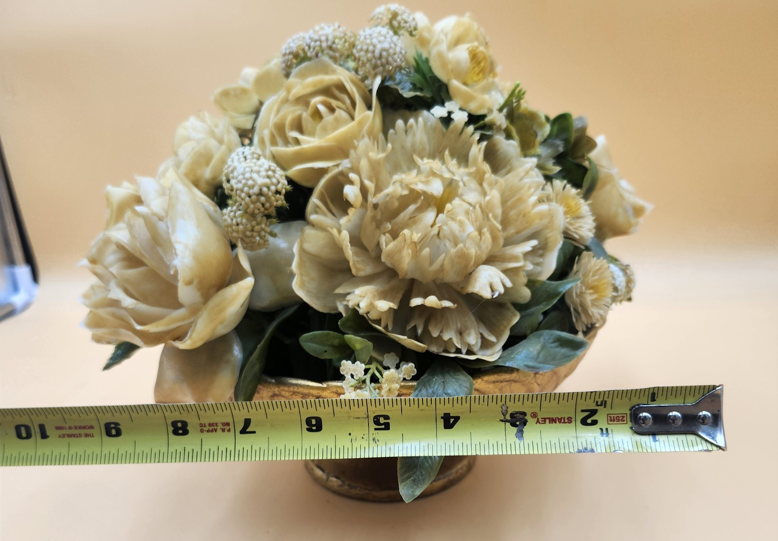 Vintage gold bowl artificial flower fruit arrangement white green Mid Century