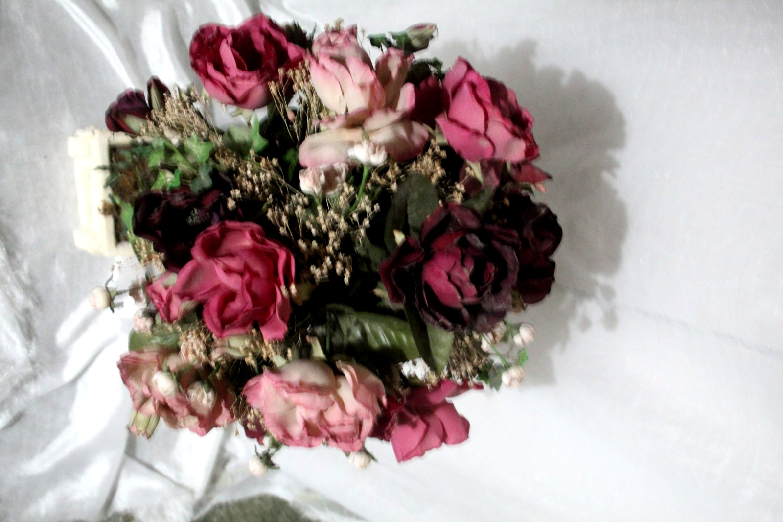 ROSE TOPIARY burgndy pink green artificial flowers white ceramic base (bdrm)