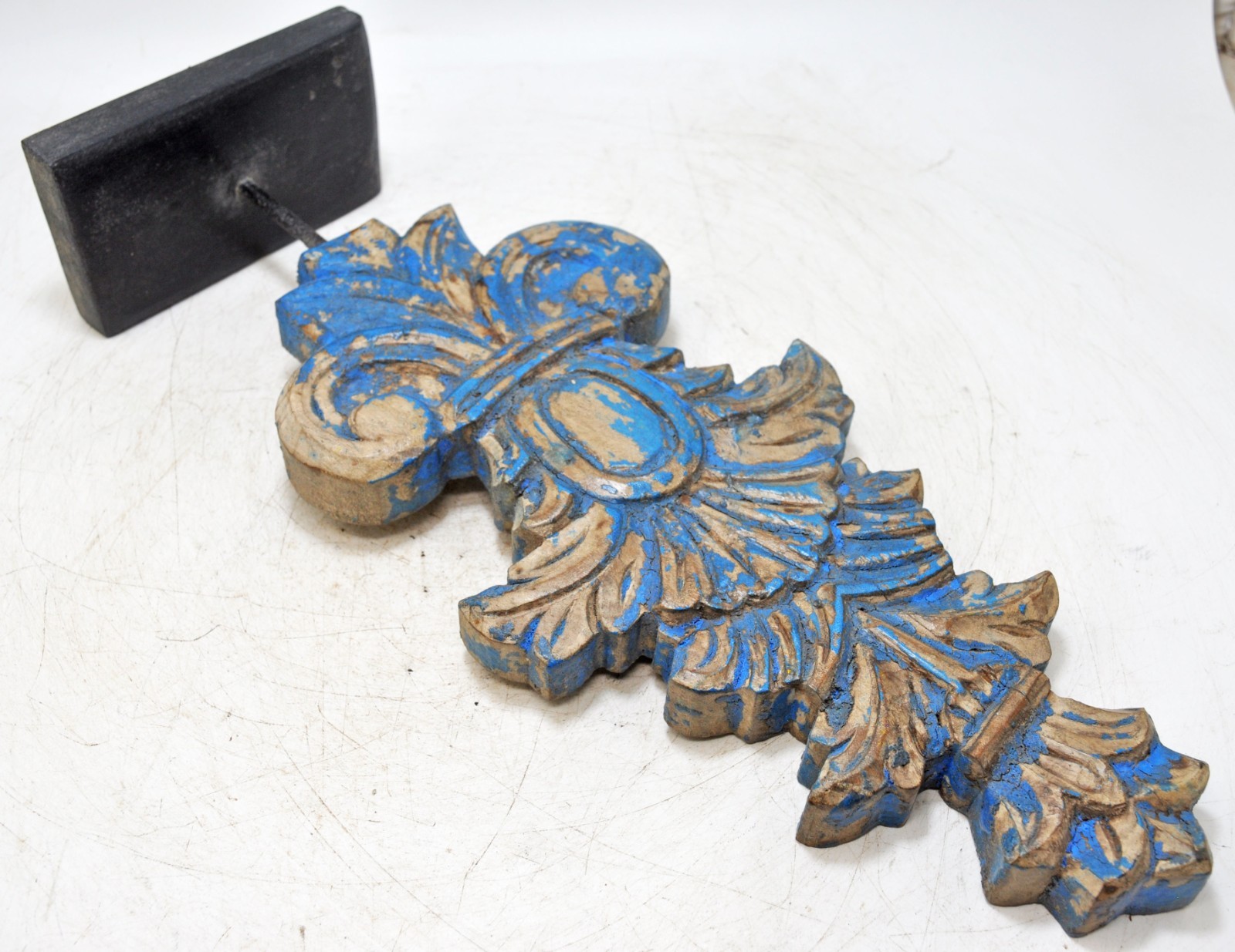 Hand Carved Wooden Flower Carving Panel Plaque on Stand Rustic Blue Painted