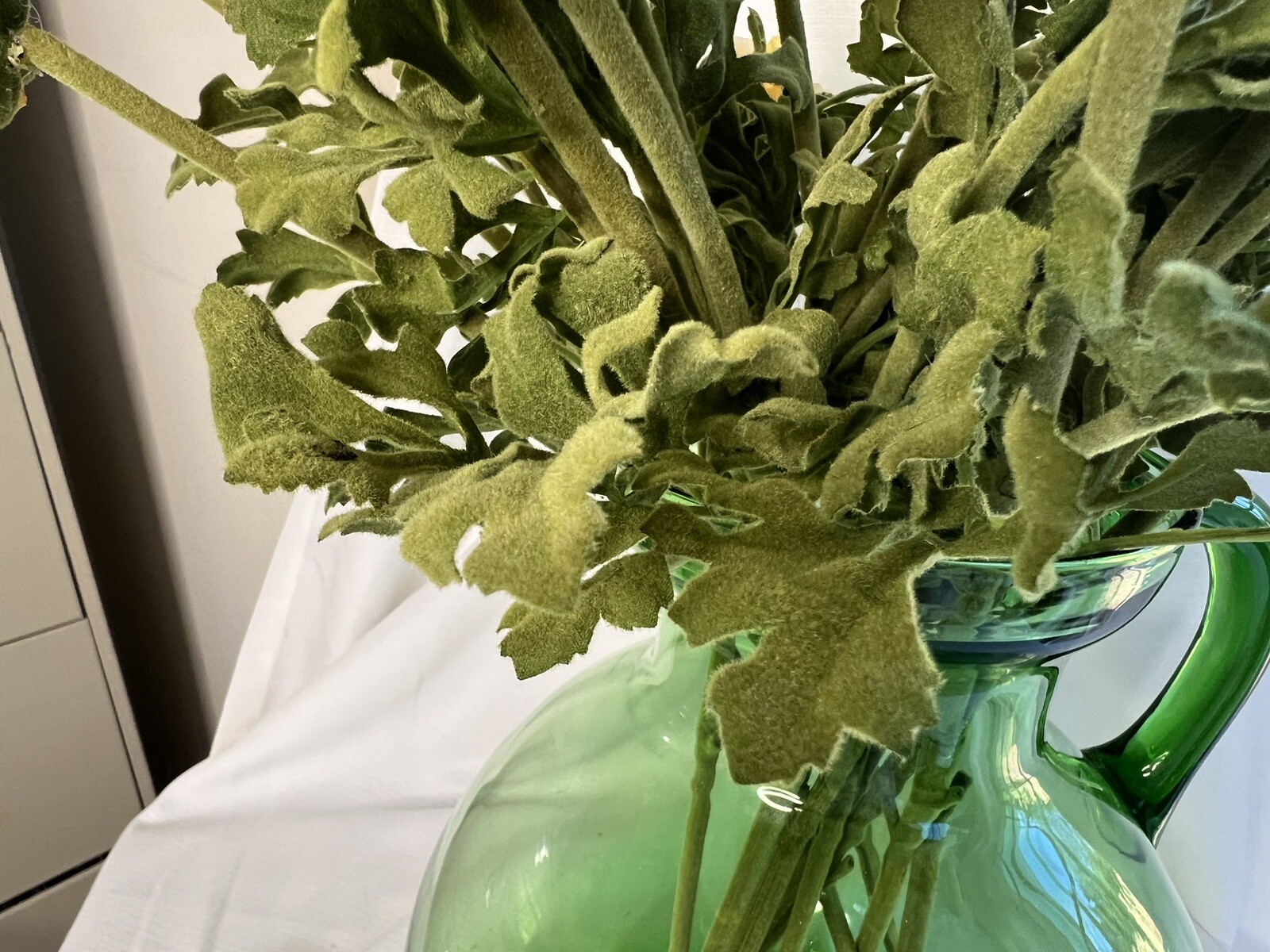 Large Custom Floral Arrangement Realistic Yellow Ranunculus In Green Glass Jug