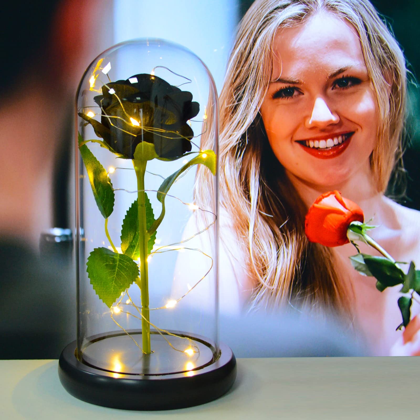 Black Roses in Glass Dome,Eternal Rose Gift for Women,Lasts Forever Home Deco…