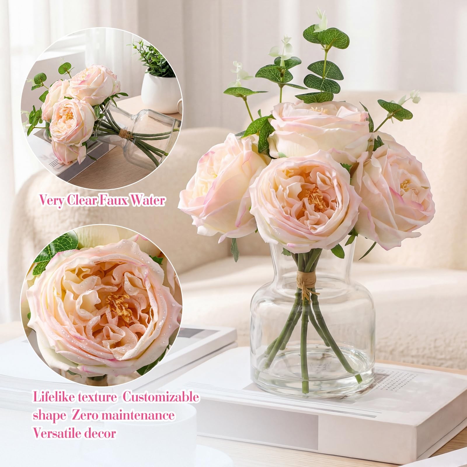 Real Touch Peonies Artificial Flowers Faux Austin Rose Vase Light Pink 6 PCS