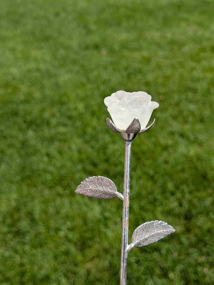 Clear Quartz Crystal Rose on Silver Stem – 9″ Long Carved Stone Flower