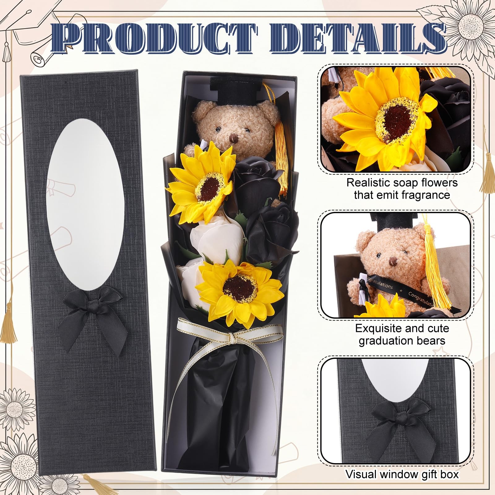 13″ 2026 Graduation Bear Bouquet Rose Sunflower Scented Soap Flower Money Bou…