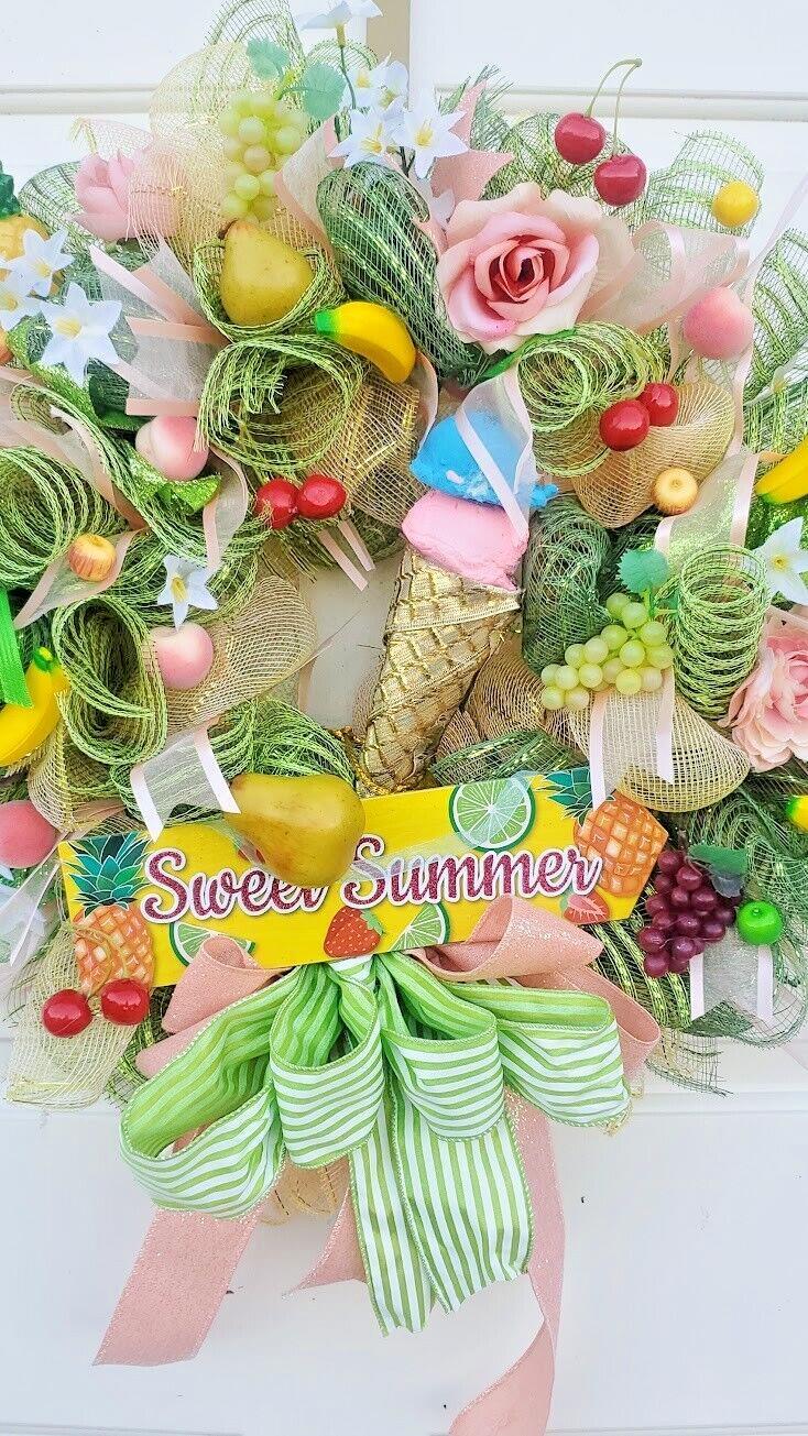 Summer Wreath Large 24″ Handmade Deco Mesh Front Door Ice Cream Cone Decoration