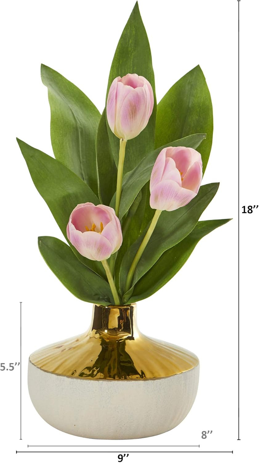 Elegant Pink Tulip Silk Arrangement in Gold and Cream Vase – 18In.