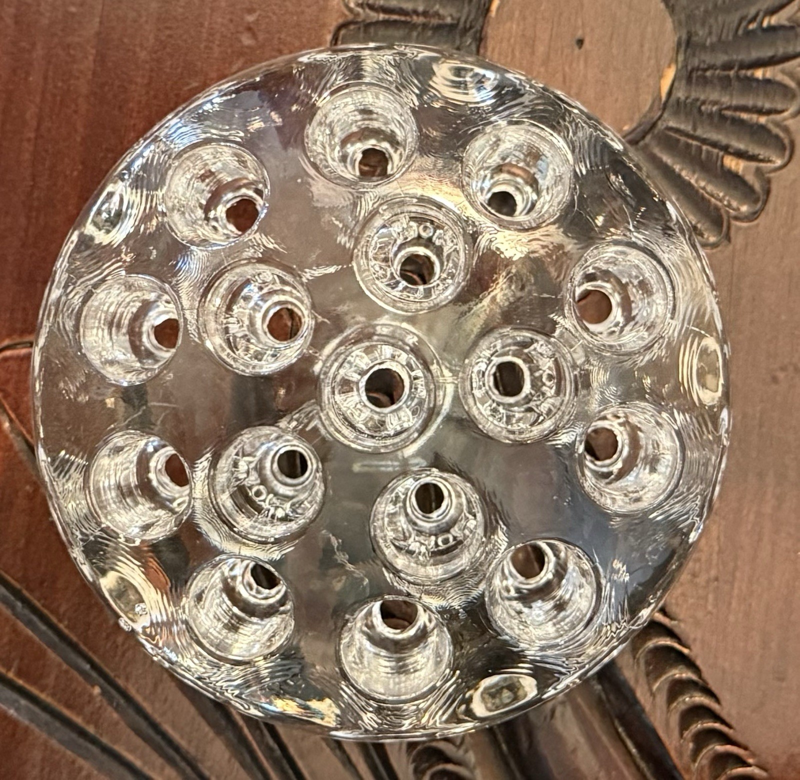 Vintage Thick Heavy Round 16-Hole Glass Flower Frog 3-3/4″ Diameter