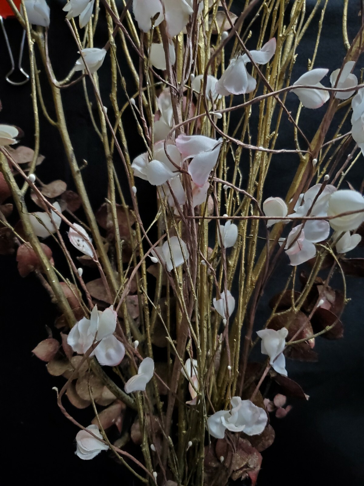 White & Pink Blossoms, Red Eucalyptus & Gold Painted Branches in a Mason Jar