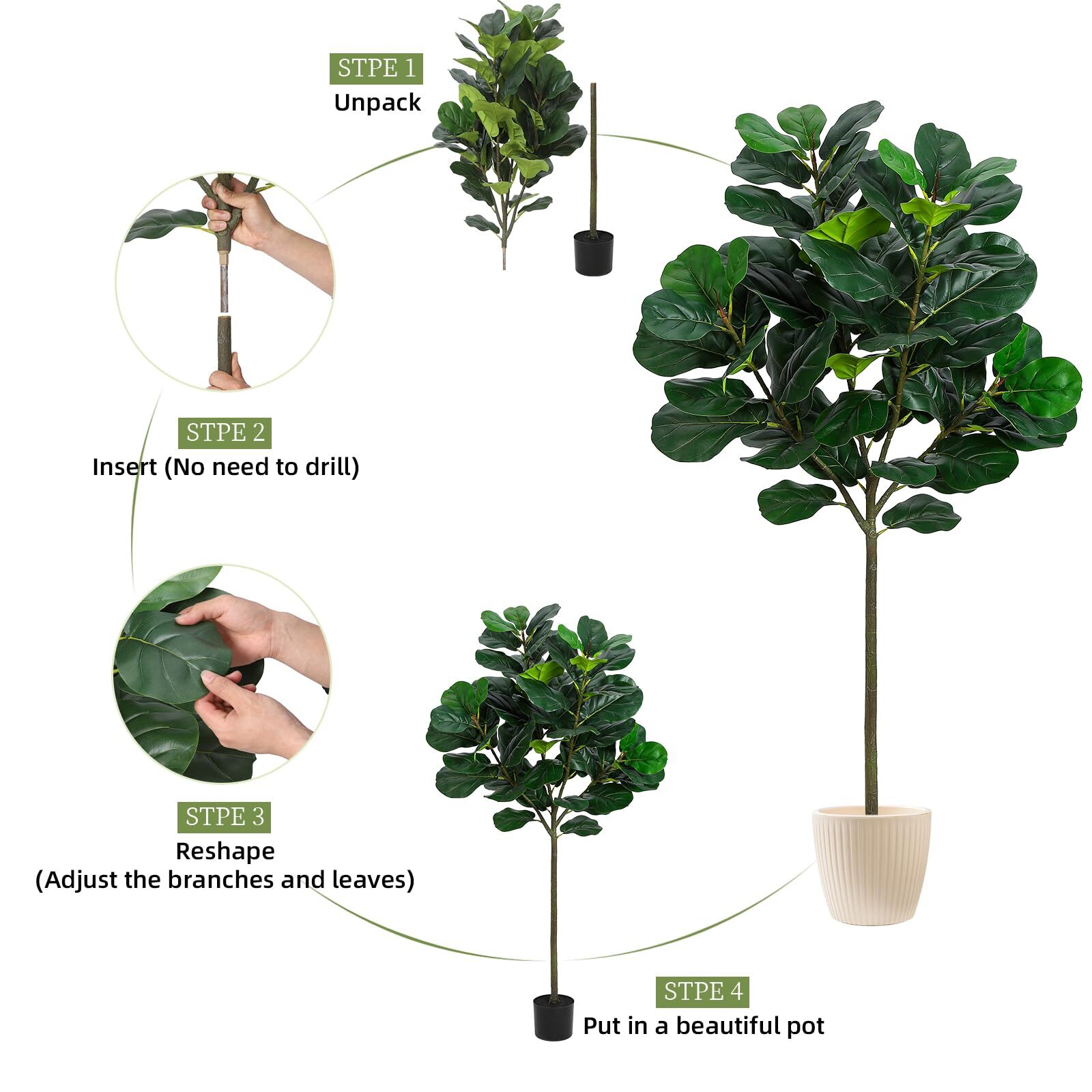 5.2 Ft Artificial Fiddle Leaf Fig Tree Tall Fake Plants Large Floor Plant Gift