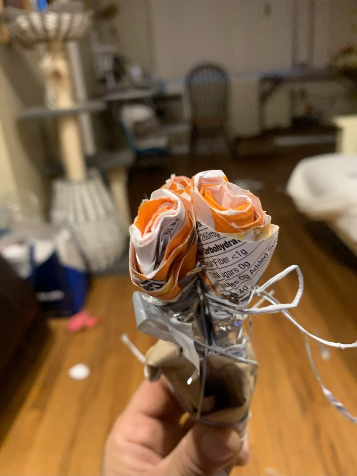 Three Rose Stems w/orange Rose Buds Made From •Gold Fish Snack Cover Wrap W Love