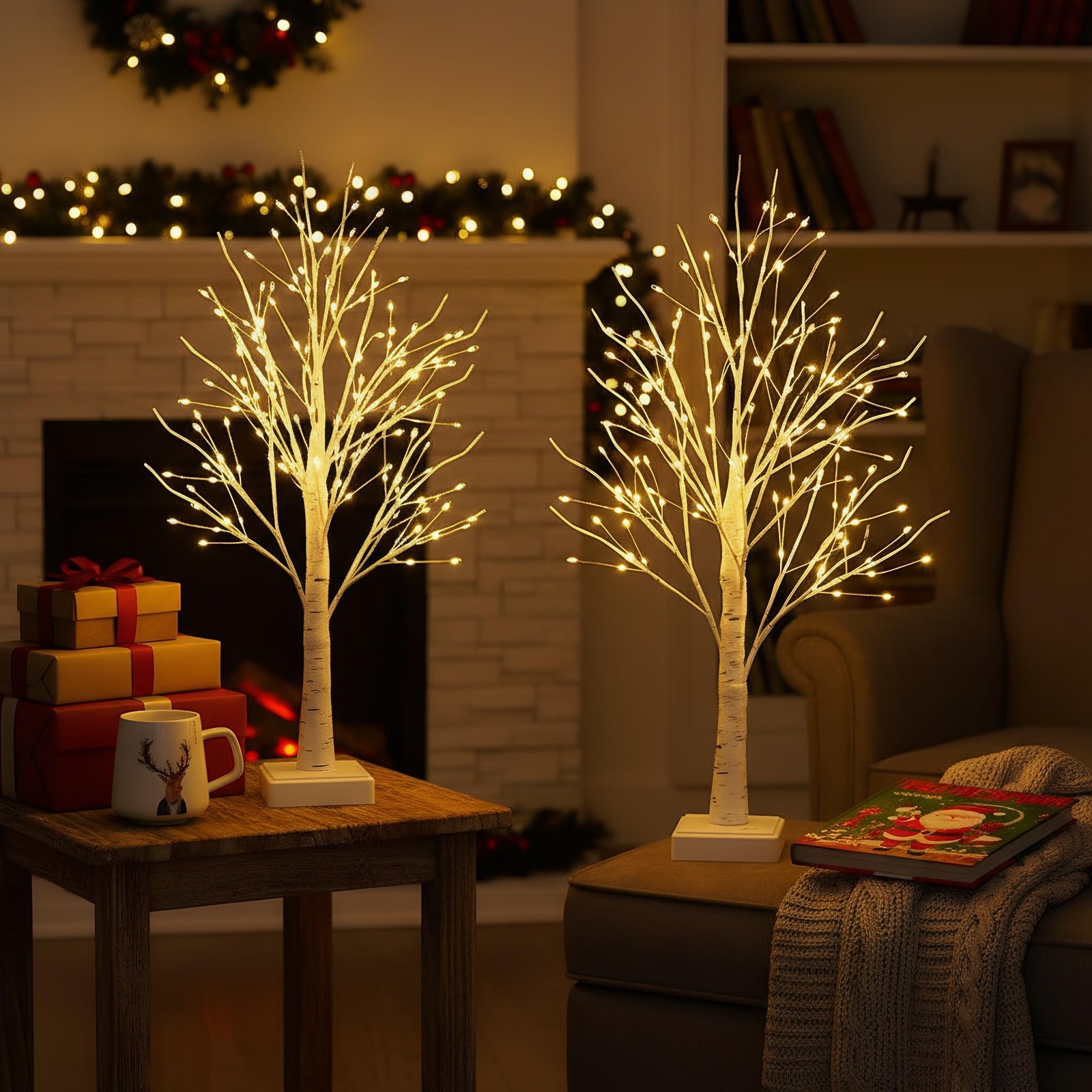 2ft Lighted Birch Tree with 144 Warm White LEDs 2 Pack Small White Christmas…