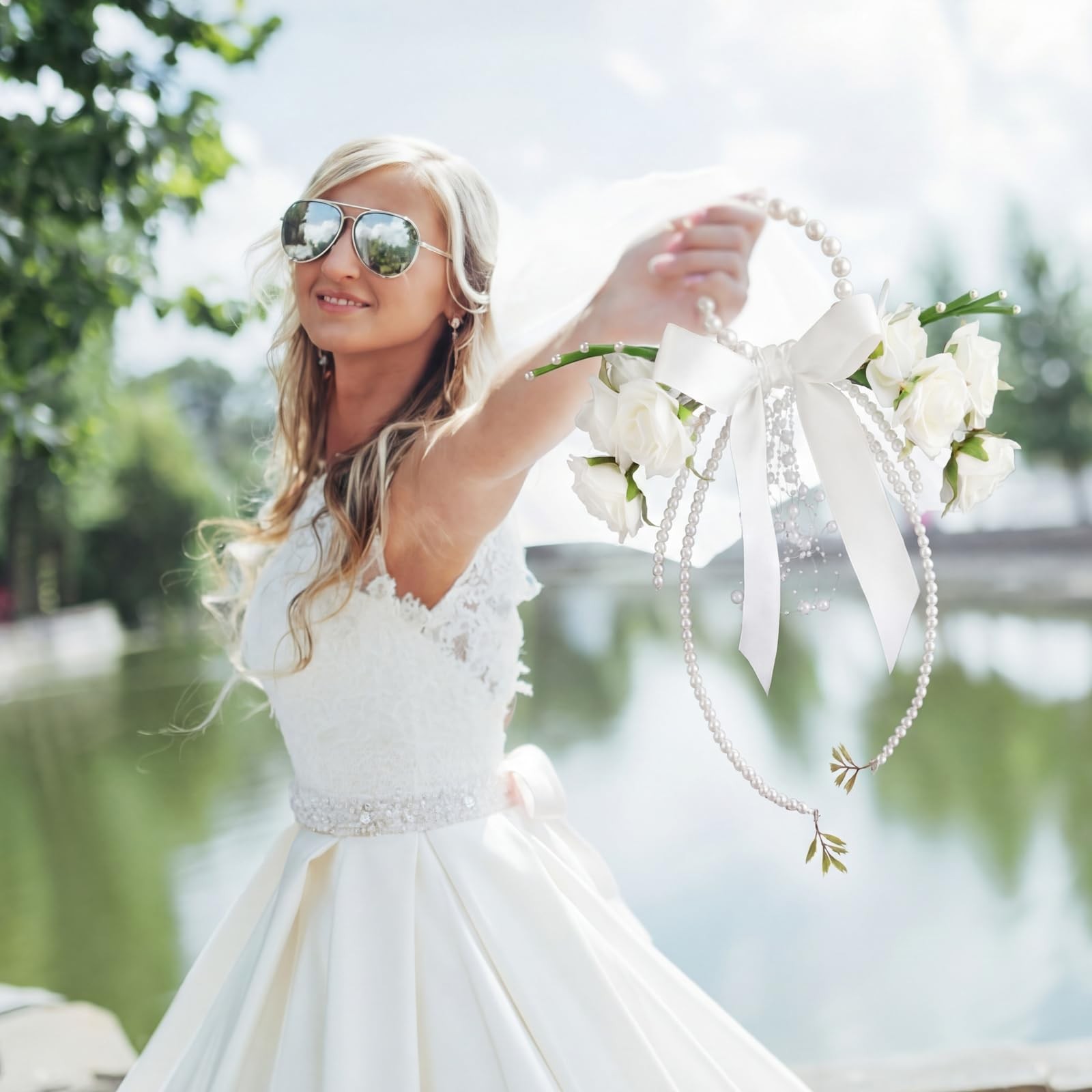 White Rose Bridal Bouquet With Pearl Handle Beads Marriage Church Ceremony