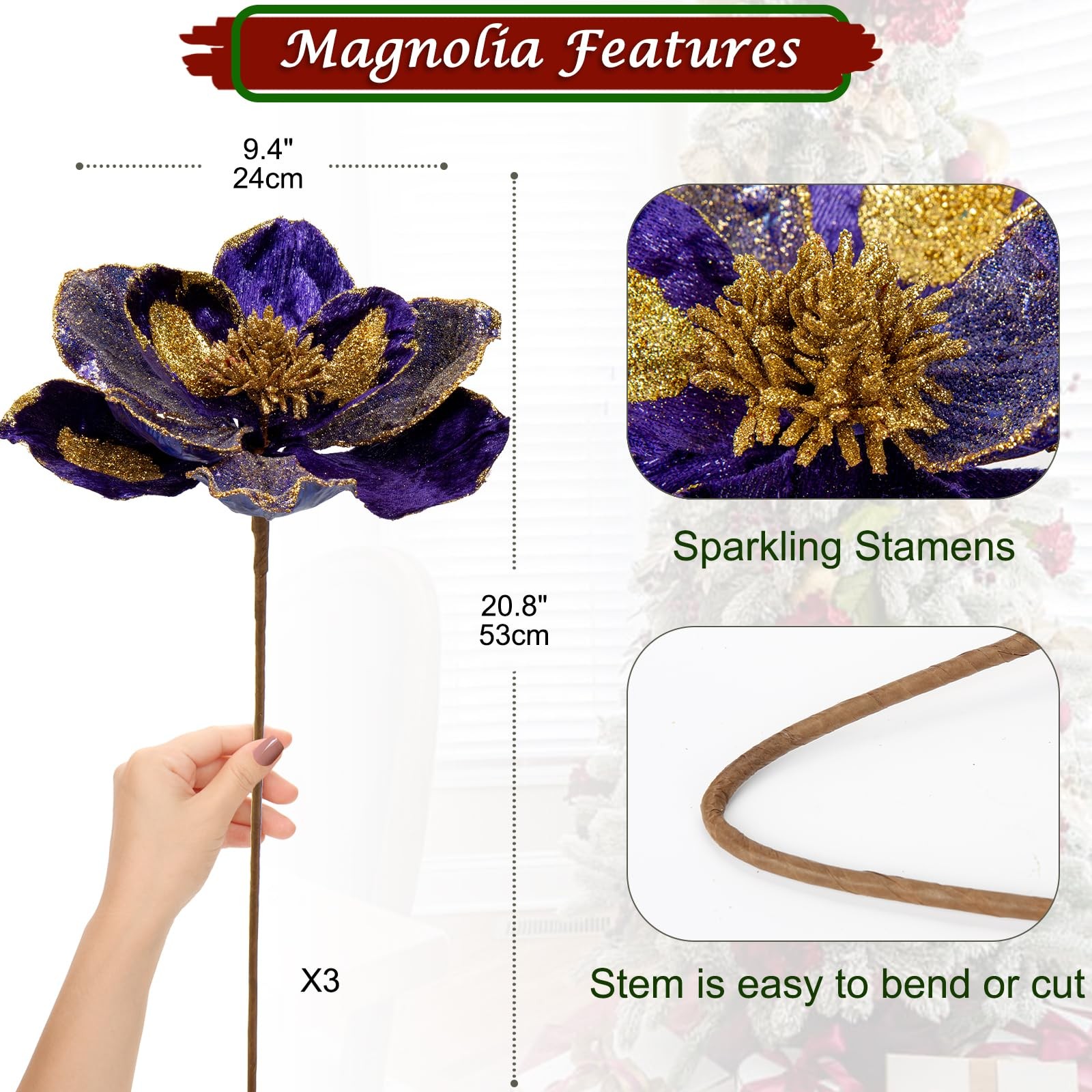 10’’ Large Heads Christmas Glitter Magnolia Flowers Christmas Tree Ornaments …