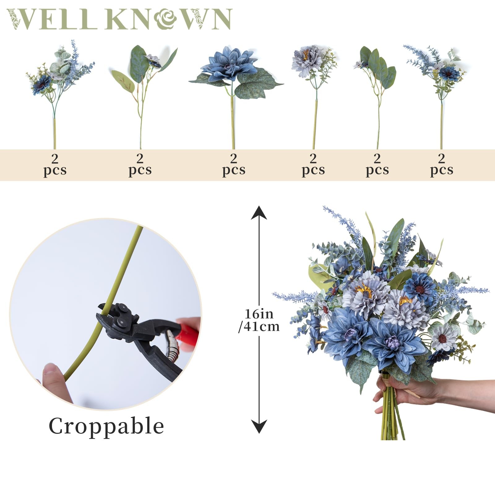 WELL KNOWN Artificial Flowers Bouquet, Blue Fake Flowers for Vase, Silk Faux …