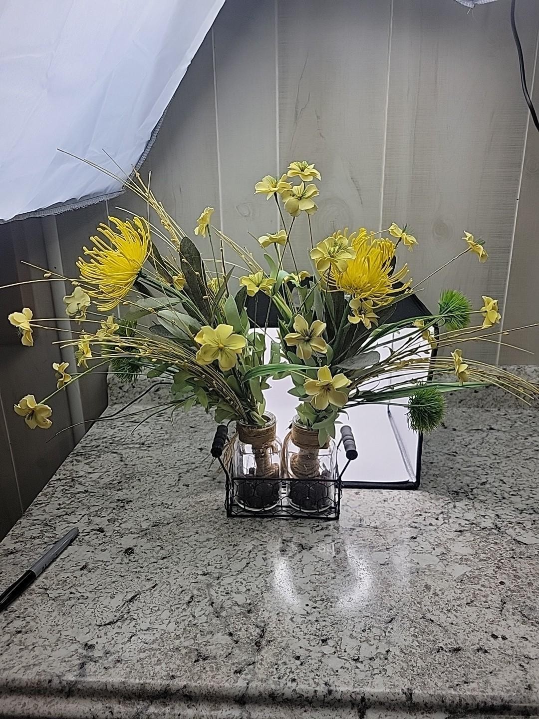 Farmhouse Yellow Artificial Flower Arrangement Glass Jars Metal Caddy Rustic…