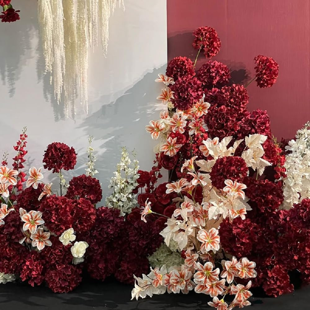 100PCS Burgundy Silk Hydrangea Flowers with Stems for Wedding & Home Decor